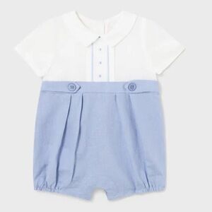Mayoral Boys Blue White Linen and Cotton Romper size: 6-9 Months NWT